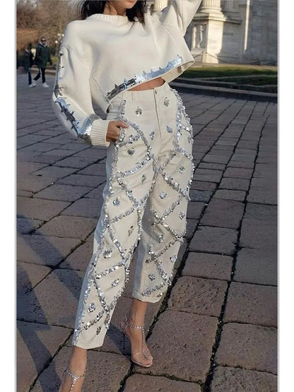 Sequin Decor Straight Leg Denim Jeans High Wait Elegant Casual Pockets Diamond Denim White / L White / XL White / XXL White / L-White / XL-White / XXL-White / XXXL-White / S-White / M-