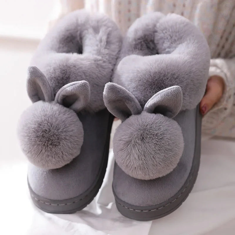 Fluffy Snow Boots Winter Warm Rabbit Ears Thick Bottom Cotton Shoes Anti Slip Solid Color - Fashionqueene.com