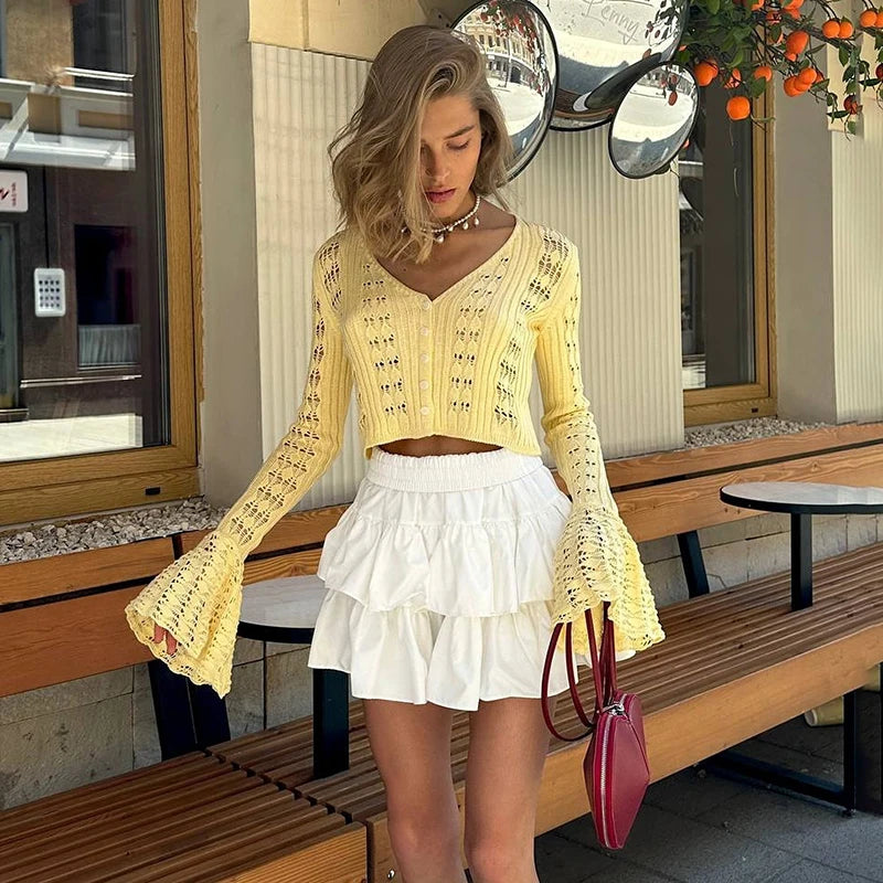 Hollow Knitted Cardigan Women's Solid Long Sleeve V Neck Short Sweater Top Female Crochet Yellow / S White / L White / M Yellow / S-White / L-White / M-White / S-Brown / L-Brown / M-Brown / S-Pink / L-Pink / M-Pink / S-Yellow / L-Yellow / M-Wine Red / L-Wine Red / M-Wine Red / S-Blue / L-Blue / M-Blue / S-