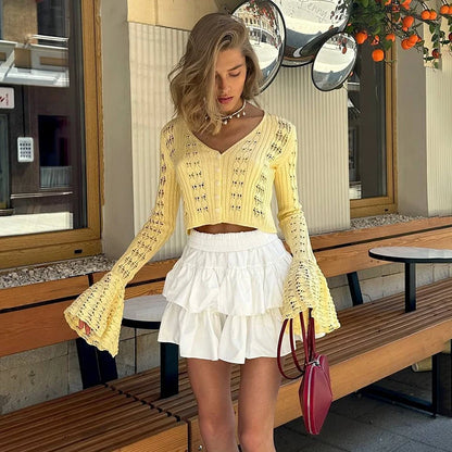 Hollow Knitted Cardigan Women's Solid Long Sleeve V Neck Short Sweater Top Female Crochet Yellow / S White / L White / M Yellow / S-White / L-White / M-White / S-Brown / L-Brown / M-Brown / S-Pink / L-Pink / M-Pink / S-Yellow / L-Yellow / M-Wine Red / L-Wine Red / M-Wine Red / S-Blue / L-Blue / M-Blue / S-