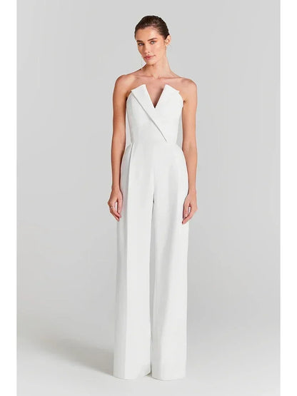 Mesh Pearl Beaded Bodysuits+Strapless Jumpsuit Two piece Sets Women White Jumpsuit Suits Evening
