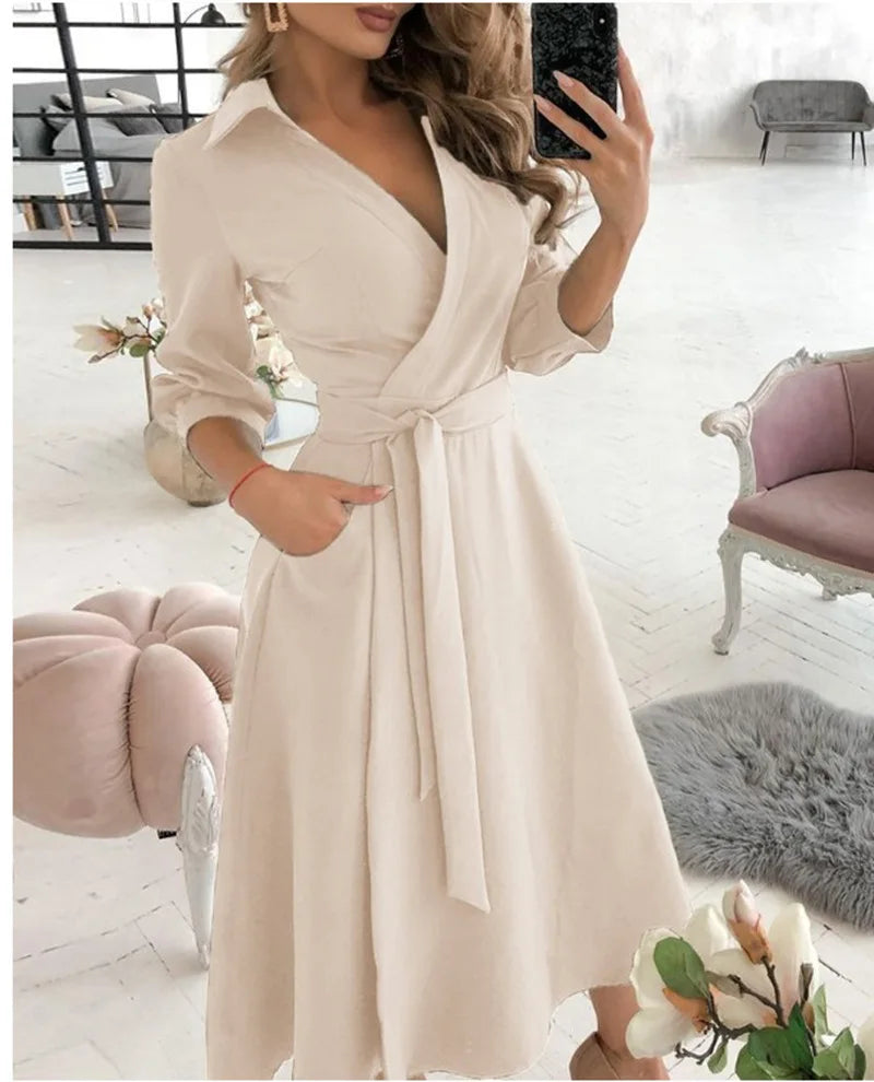 A-Line Wrap Summer Dress Long Sleeve V-Neck Dress Pocket Elegant Midi Party Dress