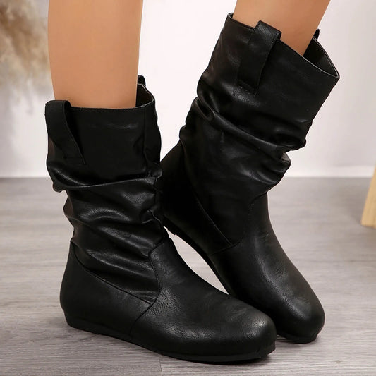 Casual Short Boots Solid Color Suede Pleated Round Head Over The Knee Wide Calf