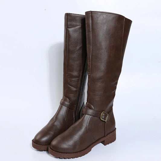 Brown Women Knee High Boots Big Size Low Heels Platform Long Boots Pu Leather Zip