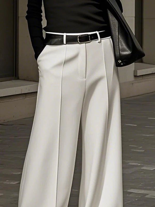 Black White Solid Color Wide Leg Pants Elastic High Waist Simple Trousers No Belt