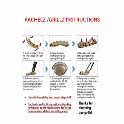 RACHELZ DIY Glossy Teeth Grillz Hip Hop Gold Silver Color Top Bottom Tooth Caps For Women Men Jewelry Halloween Cosplay Gift