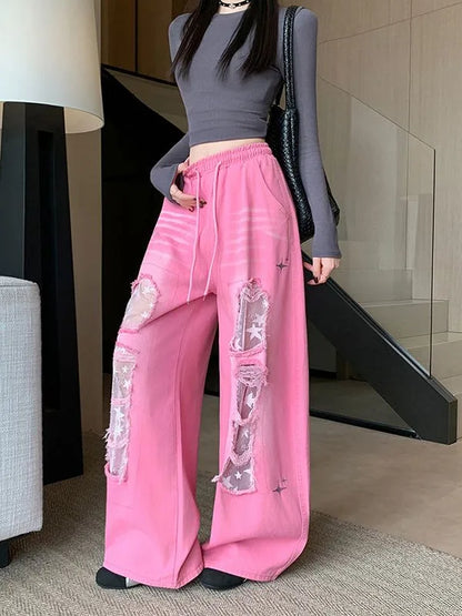 Women's Pink Lace Jeans Cargo Baggy Y2K American Harajuku Streetwear 2000S Style Loose Wide Leg 90s Retro Jeans Pants Clothing