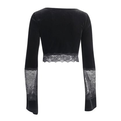 Gothic Lace Shirts Hollow Flare Long Sleeve V Neck Black Tops Retro Shirt