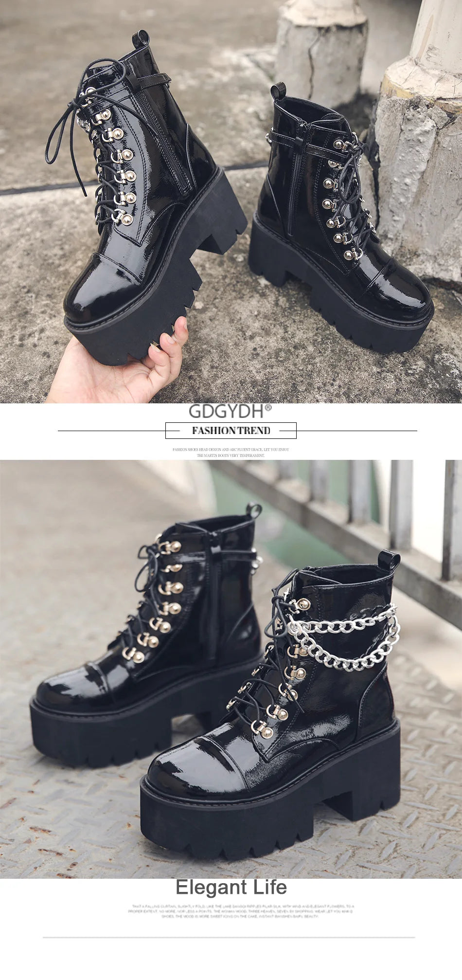 Gothic Black Boots for Women Chain Chunky Heel Platform Ankle Boots Zipper