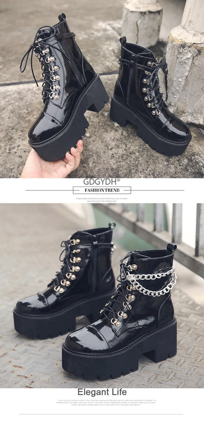 Gothic Black Boots for Women Chain Chunky Heel Platform Ankle Boots Zipper