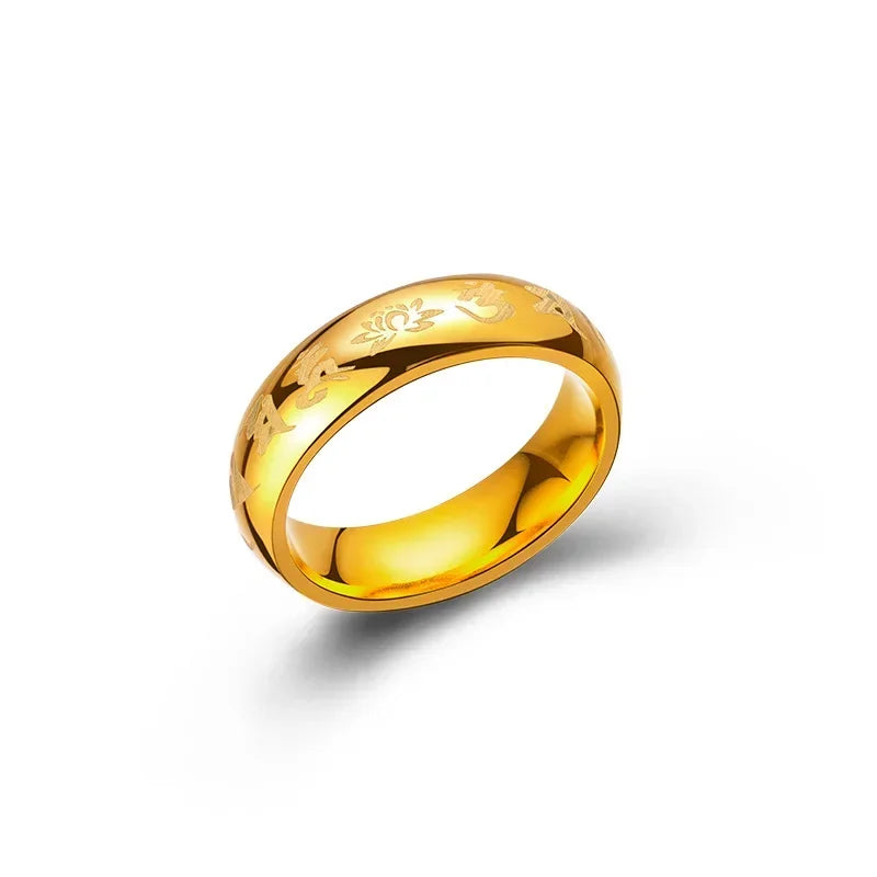 9999 Real Gold 24K Yellow Gold Six-character Mantra Ring Daming Mantra for Men and Women Couples Ring