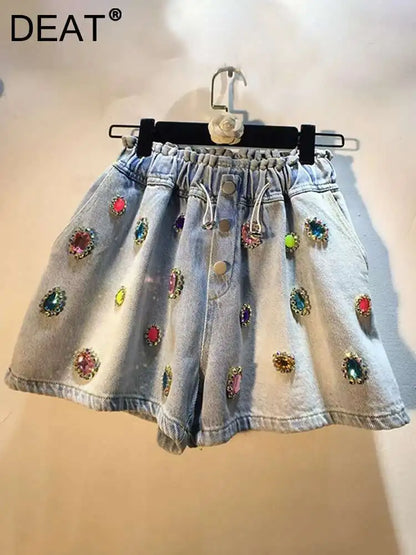 Women's Denim Shorts Colored Big Diamonds Drawstring Elastic Waist Wide Leg Short Pants