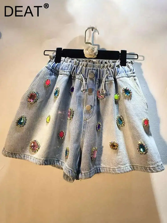 Women's Denim Shorts Colored Big Diamonds Drawstring Elastic Waist Wide Leg Short Pants