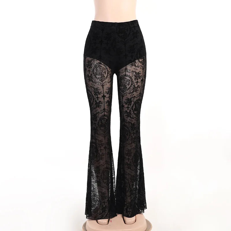 Goth Dark Gothic Flare Pants Grunge See Through Mesh High Waist Women