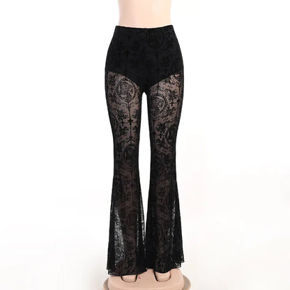 Goth Dark Gothic Flare Pants Grunge See Through Mesh High Waist Women