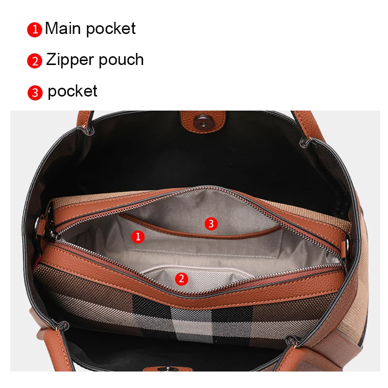 checkered women's handbag, large capacity luxury bag, canvas genuine leather bag