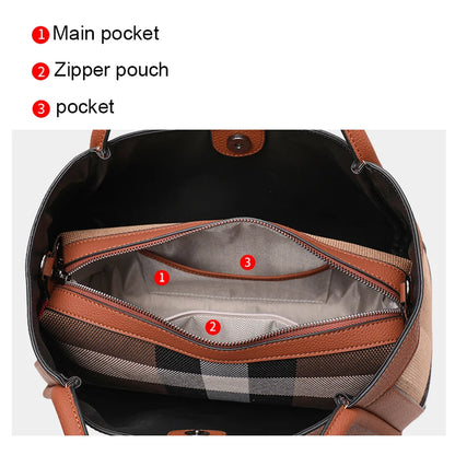 checkered women's handbag, large capacity luxury bag, canvas genuine leather bag