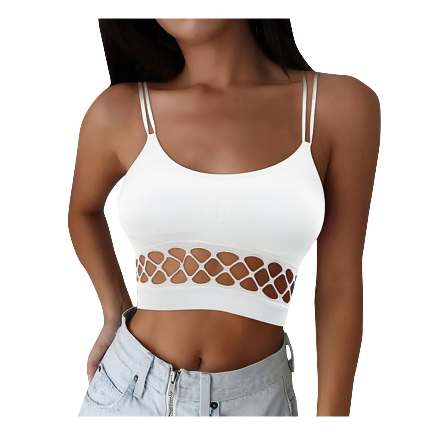 Mesh Hollow Out Cropped Top Corset Black Double Strappy Skinny Nightclub White Vest