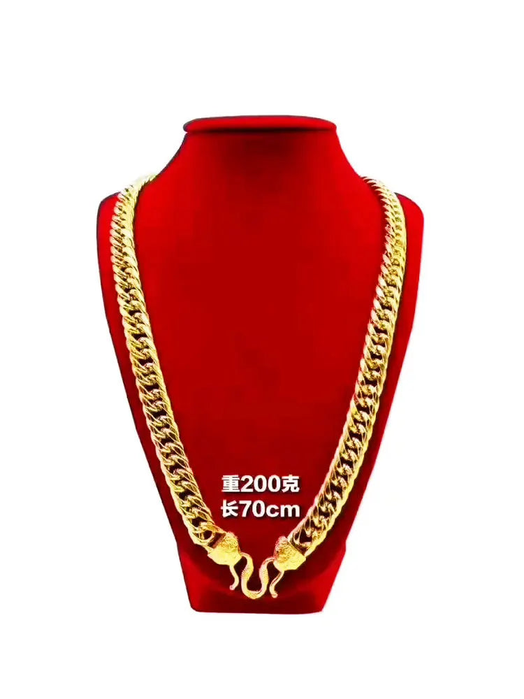 9999 24K real gold jewelry men's necklace snake bone boss chain flat Fu character buckle horse whip necklace