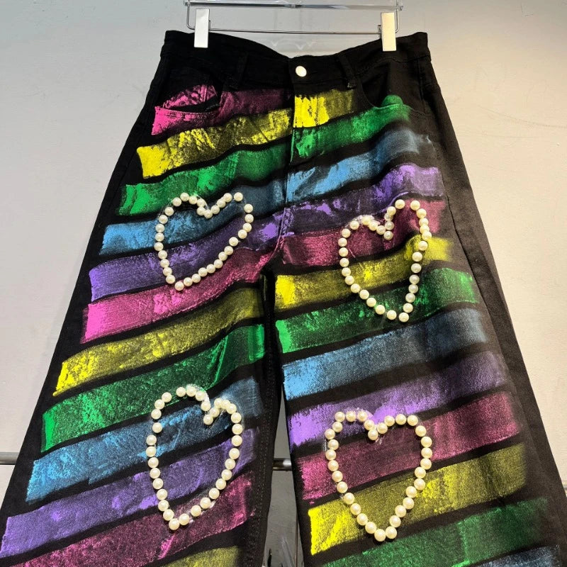 Painted Trousers Heavy Industry Love Beads Retro Nostalgic Fashion Skinny Denim Pants Blue / XXL Blue / XL Black / M Blue / XXL-Blue / XL-Black / M-Blue / XXXL-Black / XL-Black / L-Black / XXXL-Black / XXL-Blue / L-Blue / M-
