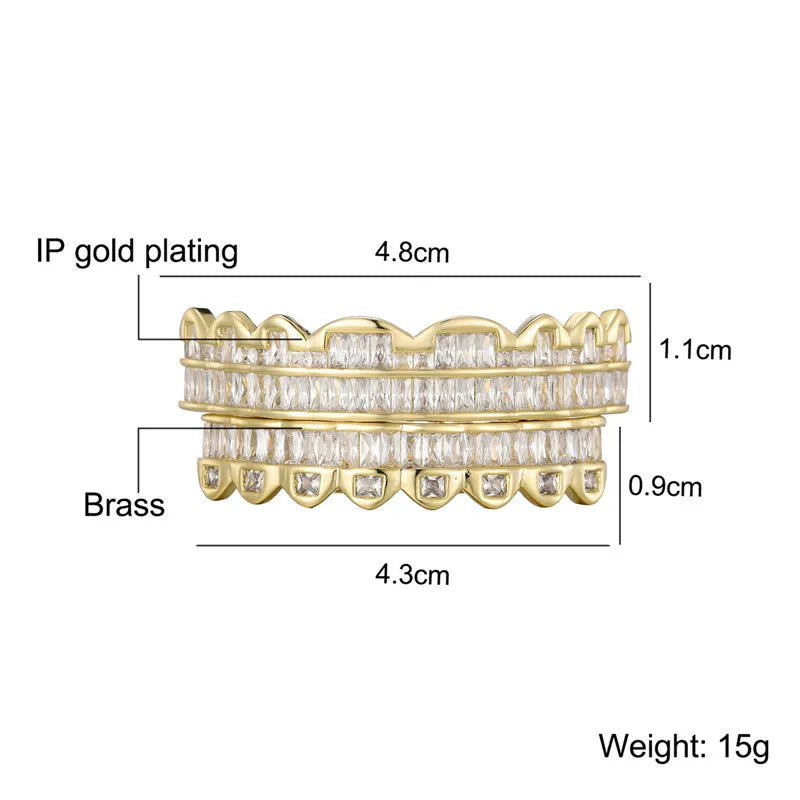Baguette Teeth Grillz Set For Unisex Top Bottom Iced Out Cubic Zircon Stone Brass Material Hip Hop