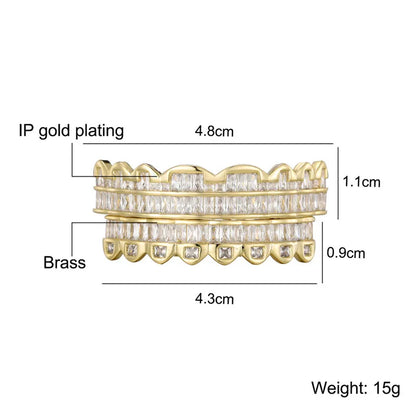 Baguette Teeth Grillz Set For Unisex Top Bottom Iced Out Cubic Zircon Stone Brass Material Hip Hop