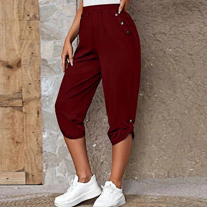 Women Elastic Waist Casual Trousers Bottom Elegant Office Lady Loose Cropped Pants