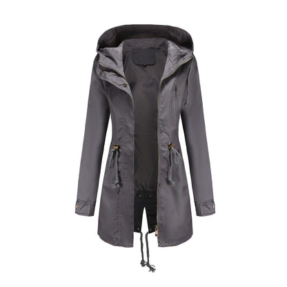 Women Jacket Windproof Windbreaker Trench Coats Female Hooded Drawstring Long