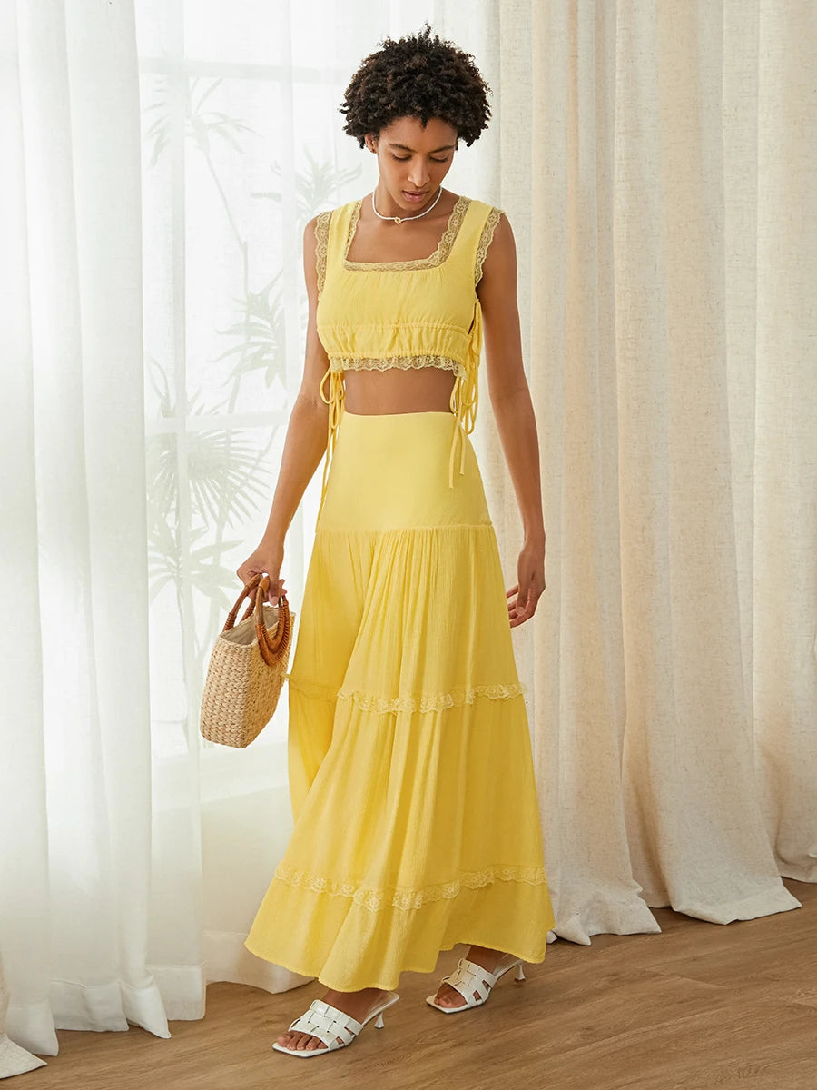 Summer 2Pcs Outfits Lace Trim Sleeveless U-Neck Tank Tops with Long Skirt Set Yellow / M / United States Yellow / S / United States WHITE / S / United States Yellow / M / United States-Yellow / S / United States-WHITE / S / United States-Yellow / L / United States-WHITE / L / United States-WHITE / M / United States-