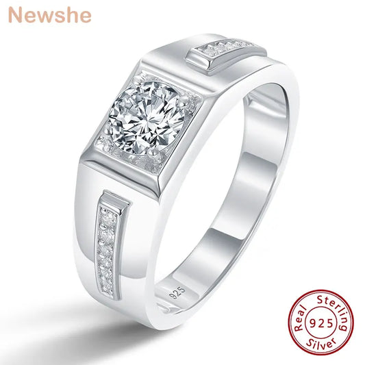 Newshe Men's Wedding Rings 925 Sterling Silver Solitaire Round Cubic Zircon Promise Band Size 8-12
