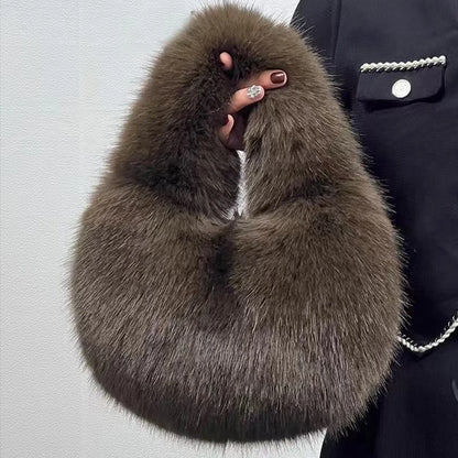 Soft Plush Half Moon Bags for Women Designer Fluffy Faux Fur Lady Handbags Luxury Small Tote