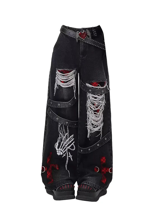 Women's Black Gothic Baggy Jeans Y2K Japanese Harajuku High Street High Waist Fashion Loose Wide Leg Retro Jeans Clothing 2025