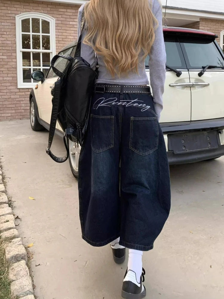 Embroidery Stitched Jeans Women Summer Loose Retro High Waisted Pants Y2k Design Wide Leg Cropped Shorts