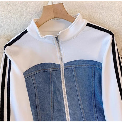 Women Preppy Style Patchwork Contrast Denim Sets Stand Collar Elastic Jeans 2 Piece Suit Streetwear Comfort