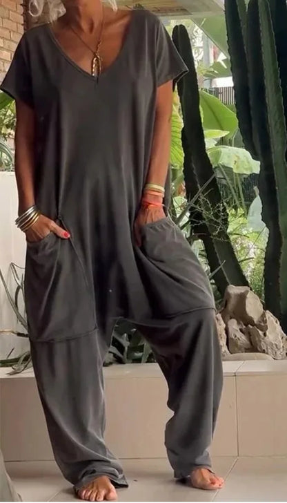 Loose Solid Color Jumpsuit Fashion Casual V-neck Short Sleeved Large Pocket Jumpsuits