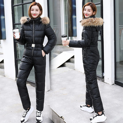 One Piece Outfit Ski Suit Winter Jumpsuit Parka Hooded Cotton Bodysuit Zipper