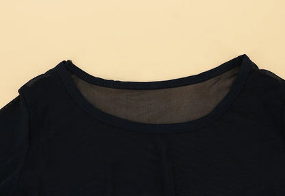 Black Mesh Transparent Slim T-shirts O-Neck Long Sleeve Super Stretch Mesh