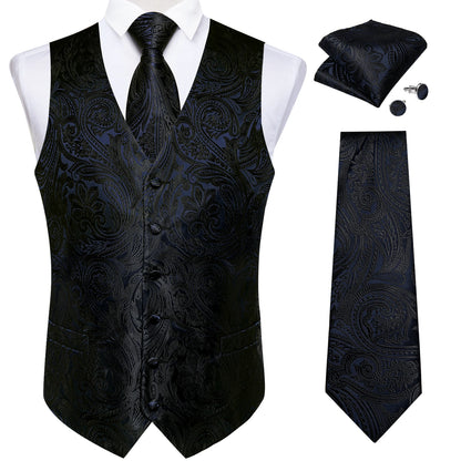Luxury Paisley Men's Suit Vest Black Pink Red Wedding Prom Tuxedo Waistcoat Necktie Handkerchief Cufflink Sleeveless Jacket Vest