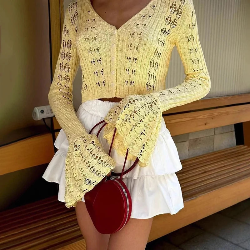 Hollow Knitted Cardigan Women's Solid Long Sleeve V Neck Short Sweater Top Female Crochet Yellow / S White / L White / M Yellow / S-White / L-White / M-White / S-Brown / L-Brown / M-Brown / S-Pink / L-Pink / M-Pink / S-Yellow / L-Yellow / M-Wine Red / L-Wine Red / M-Wine Red / S-Blue / L-Blue / M-Blue / S-
