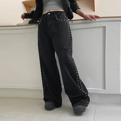 Metal Rivet Wide Leg Jeans Trousers Baggy Low Rise Pockets Denim