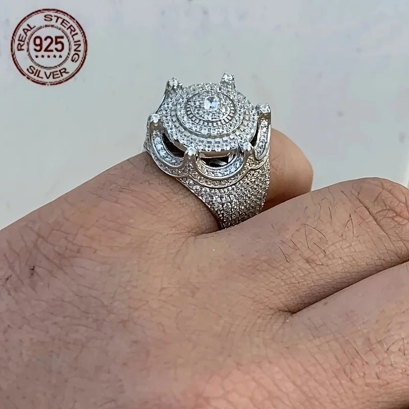 Solid 925 Sterling Silver Men's Ring Iced King Crown Hip Hop Round Cluster Rings Rapper Punk Vintage Jewelry Gift