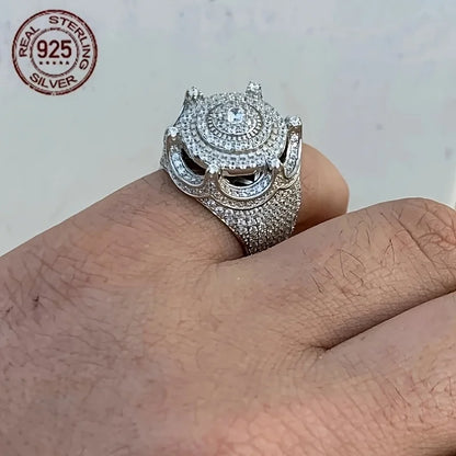 Solid 925 Sterling Silver Men's Ring Iced King Crown Hip Hop Round Cluster Rings Rapper Punk Vintage Jewelry Gift