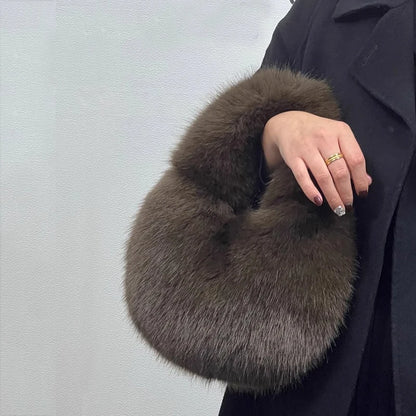 Soft Plush Half Moon Bags for Women Designer Fluffy Faux Fur Lady Handbags Luxury Small Tote