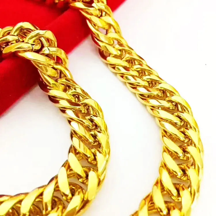9999 24K real gold jewelry men's necklace snake bone boss chain flat Fu character buckle horse whip necklace
