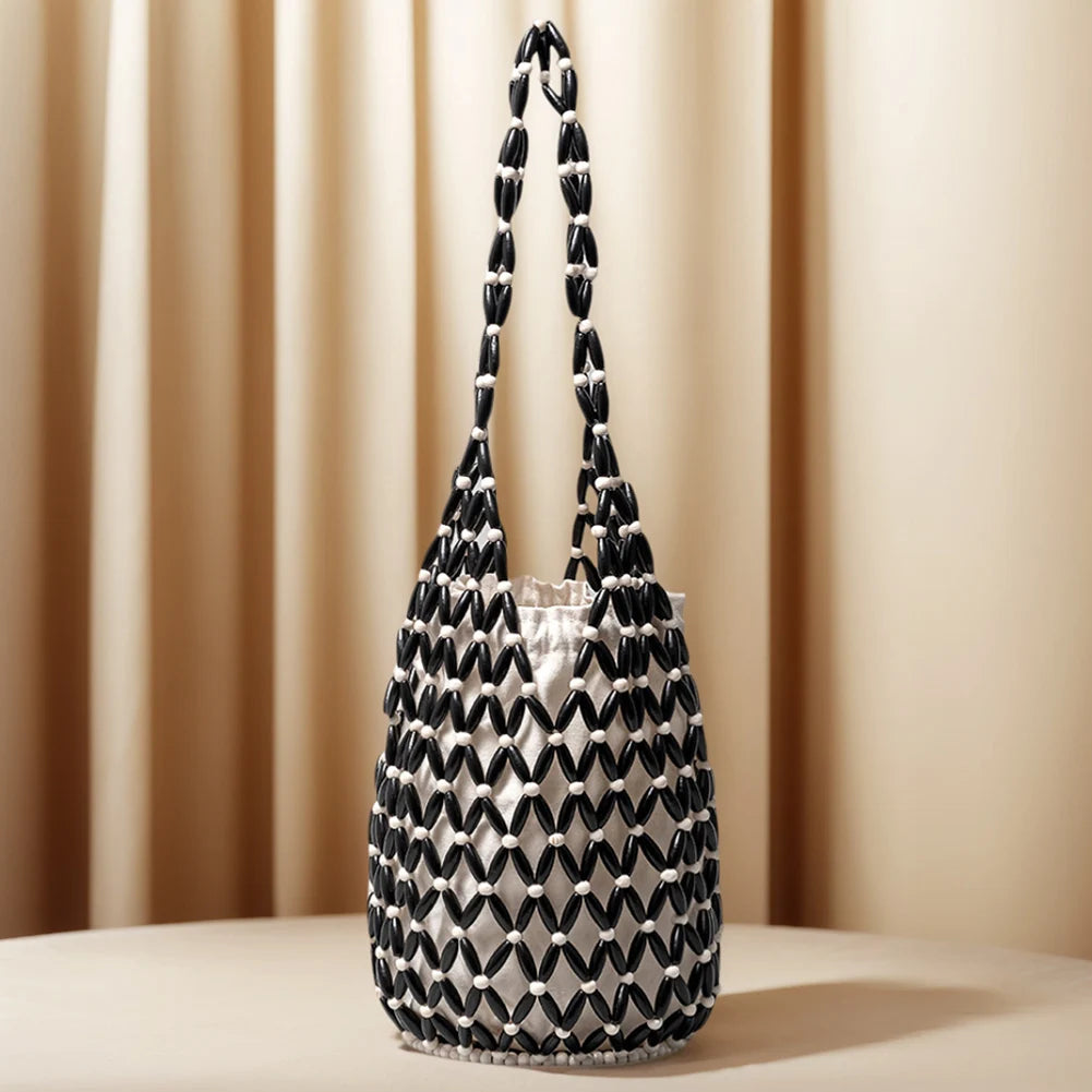 Women Hollow-out Bucket Bags Woven Hand Bag Wooden Bead Shoulder Bags Beach Top-Handle Bags Summer Netted Canvas Tote Handbag