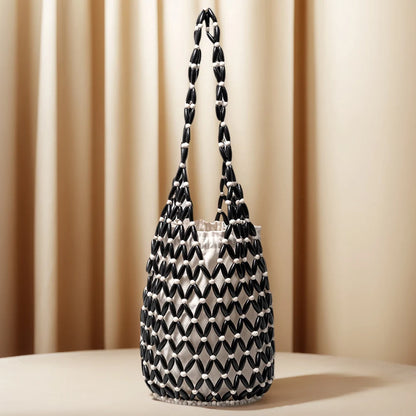 Women Hollow-out Bucket Bags Woven Hand Bag Wooden Bead Shoulder Bags Beach Top-Handle Bags Summer Netted Canvas Tote Handbag