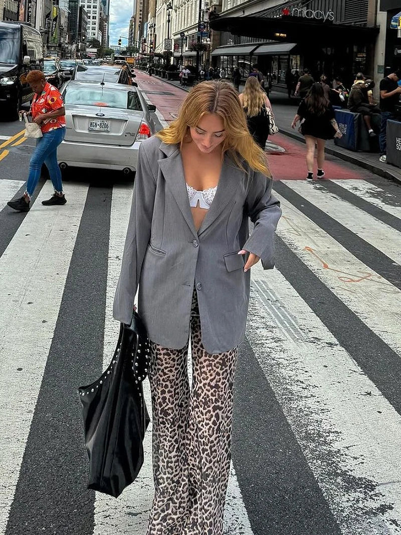 Mesh Leopard Print Trousers High Waist Print Wide Leg Pants Printed