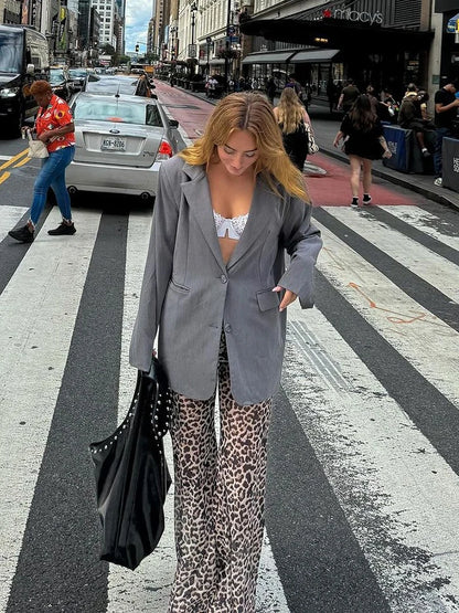 Mesh Leopard Print Trousers High Waist Print Wide Leg Pants Printed