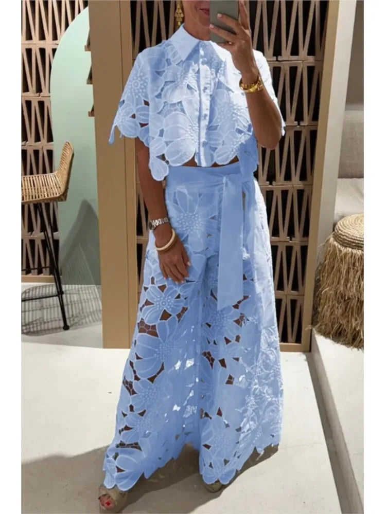 Lapel Single-breasted Shirt Top + Wide-leg Pants 2-piece Set Women Casual Hollow Suit