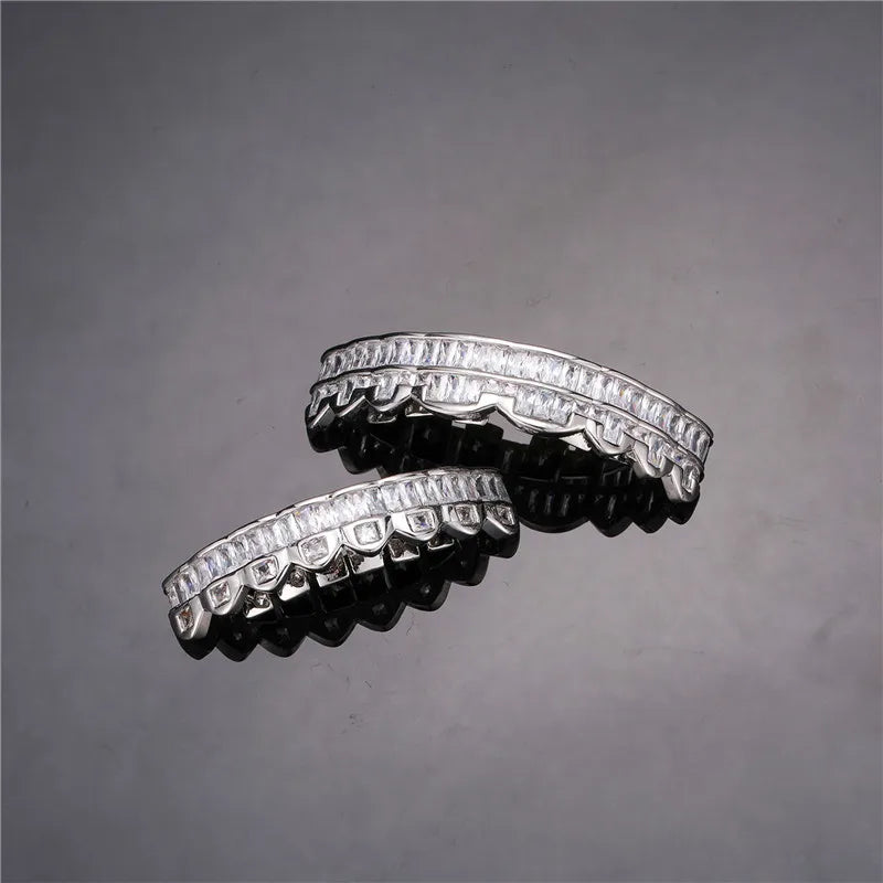 Baguette Teeth Grillz Set For Unisex Top Bottom Iced Out Cubic Zircon Stone Brass Material Hip Hop